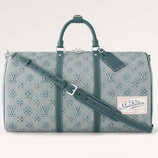 Louis Vuitton Unisex LV Keepall Bandoulière 50 Travel Bag Monogram Washed Denim Coated Canvas