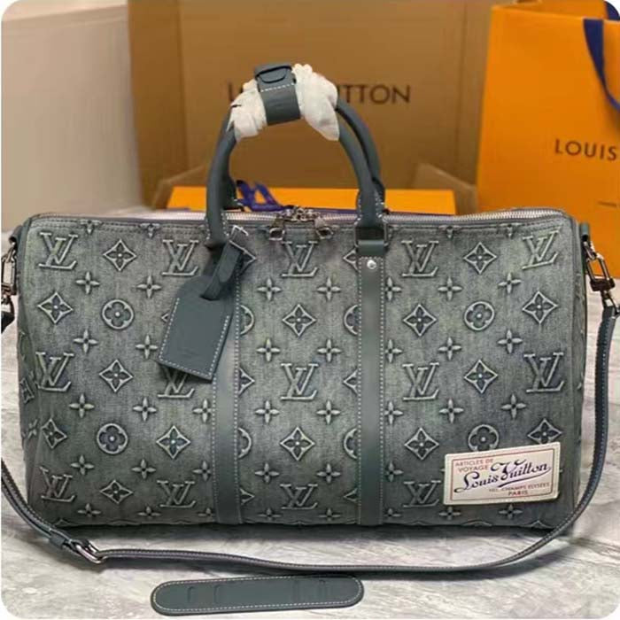 Louis Vuitton Unisex LV Keepall Bandoulière 50 Travel Bag Monogram Washed Denim Coated Canvas