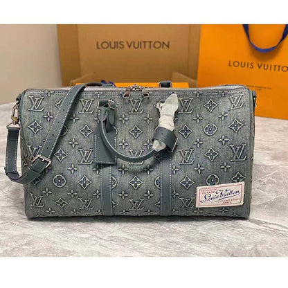 Louis Vuitton Unisex LV Keepall Bandoulière 50 Travel Bag Monogram Washed Denim Coated Canvas