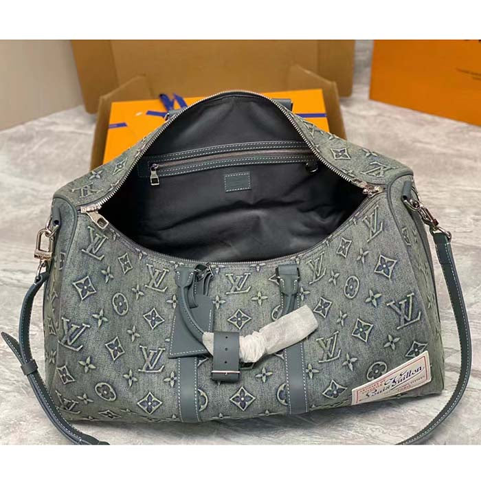 Louis Vuitton Unisex LV Keepall Bandoulière 50 Travel Bag Monogram Washed Denim Coated Canvas