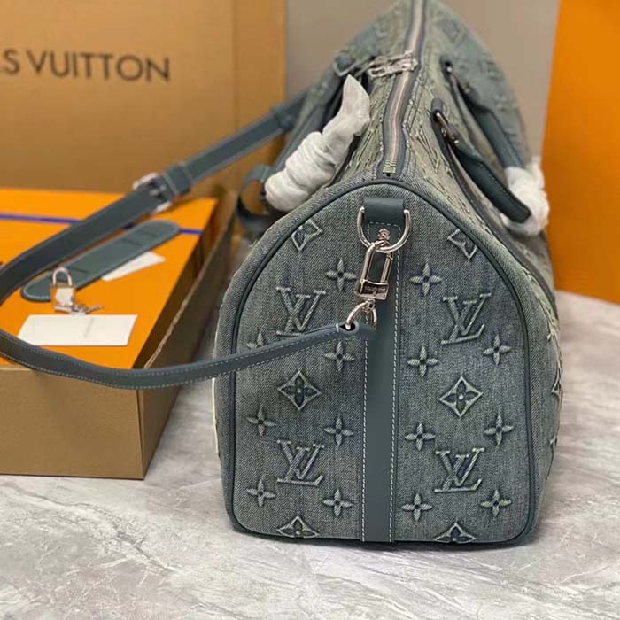 Louis Vuitton Unisex LV Keepall Bandoulière 50 Travel Bag Monogram Washed Denim Coated Canvas