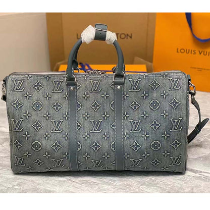 Louis Vuitton Unisex LV Keepall Bandoulière 50 Travel Bag Monogram Washed Denim Coated Canvas