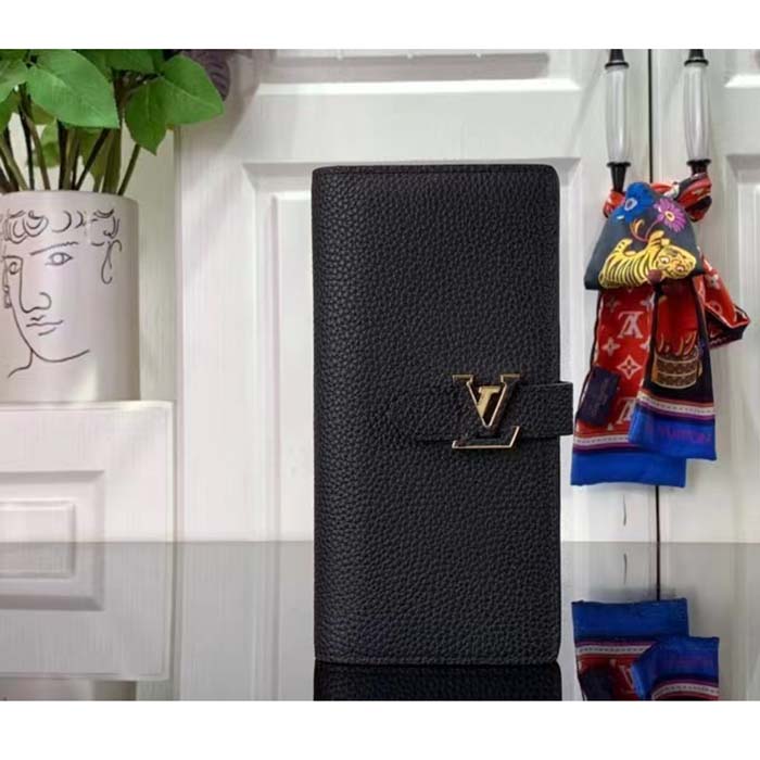 Louis Vuitton Unisex LV Vertical Wallet Black Arizona Taurillon Calf-Leather Sliding Capucines Closure