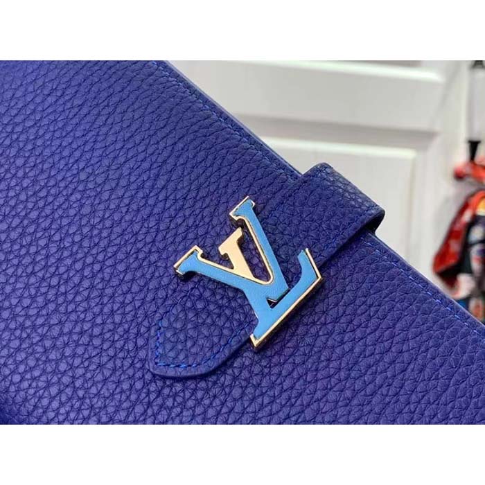 Louis Vuitton Unisex LV Vertical Wallet Blue Taurillon Calf-Leather Sliding Capucines Closure