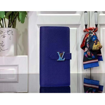 Louis Vuitton Unisex LV Vertical Wallet Blue Taurillon Calf-Leather Sliding Capucines Closure