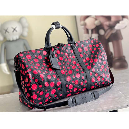 Louis Vuitton Unisex LV x YK Bandoulière Keepall 50 Black Red Taurillon Monogram Cowhide Infinity Dots