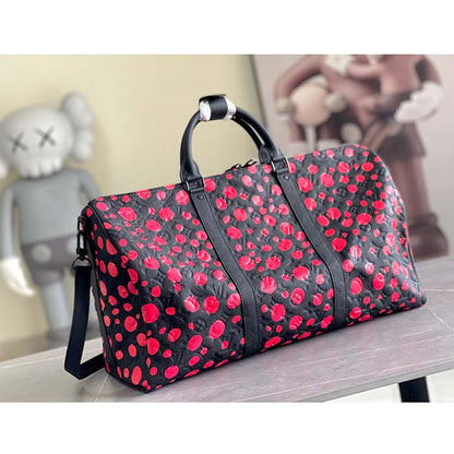 Louis Vuitton Unisex LV x YK Bandoulière Keepall 50 Black Red Taurillon Monogram Cowhide Infinity Dots