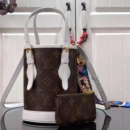 Louis Vuitton Unisex Nano Bucket Brown Monogram Coated Canvas Cowhide Leather