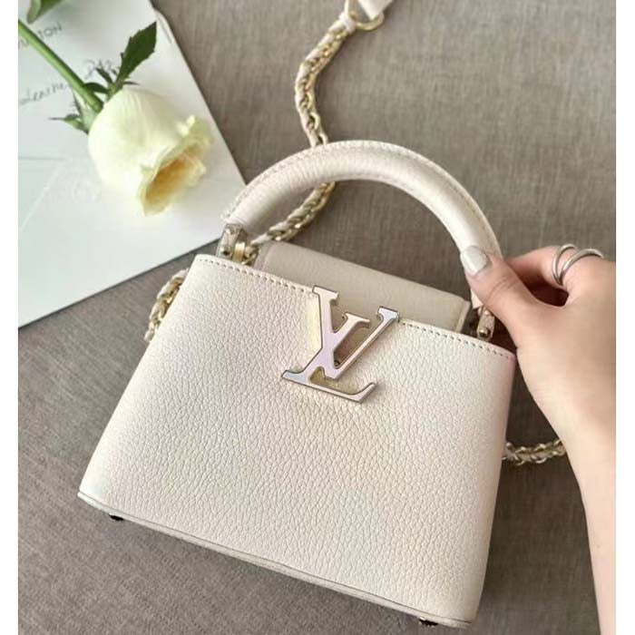 Louis Vuitton Women LV Capucines Mini Handbag Quartz White Taurillon Leather Cowhide