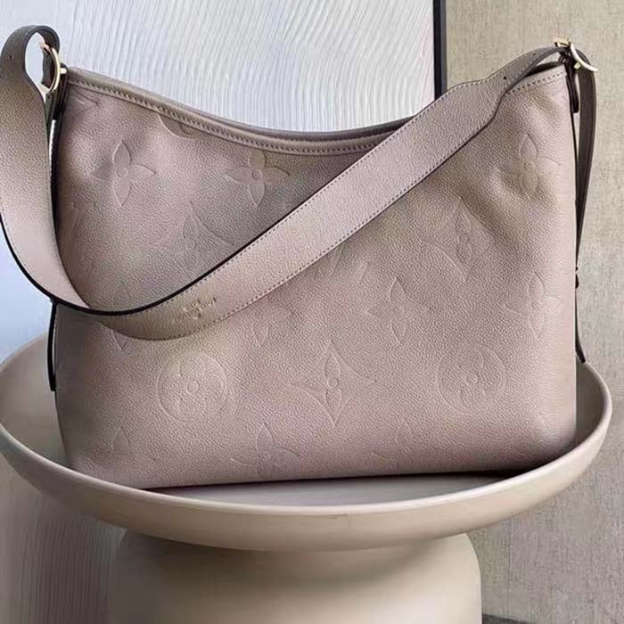 Louis Vuitton Women LV CarryAll MM Handbag Tourterelle Gray Embossed Supple Grained Cowhide