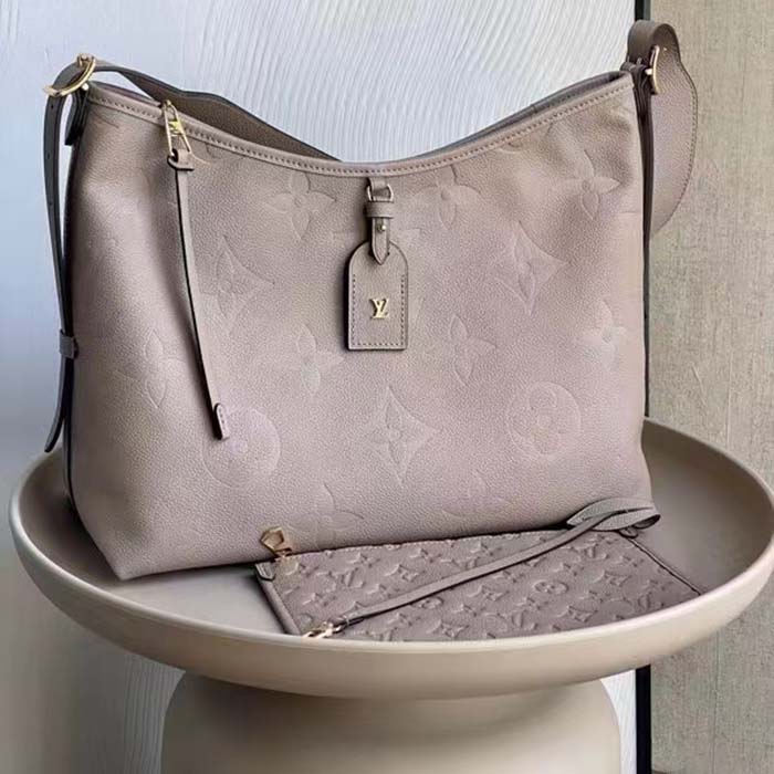 Louis Vuitton Women LV CarryAll MM Handbag Tourterelle Gray Embossed Supple Grained Cowhide