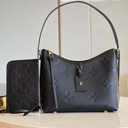 Louis Vuitton Women LV CarryAll PM Handbag Black Embossed Supple Grained Cowhide