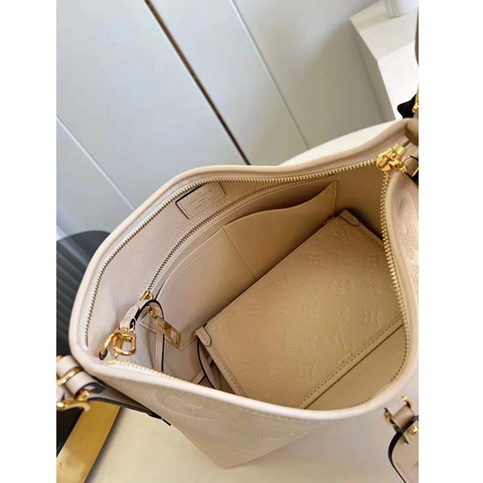 Louis Vuitton Women LV CarryAll PM Handbag Crème Beige Embossed Supple Grained Cowhide