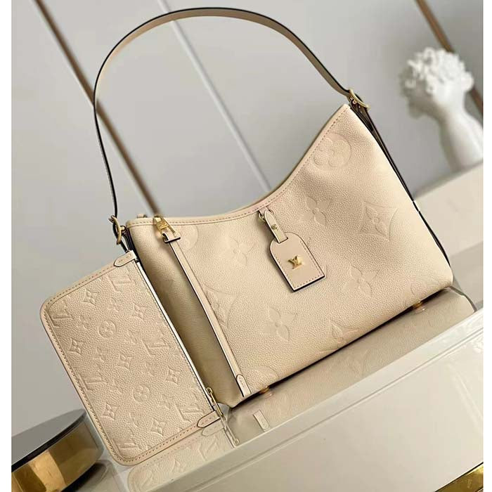 Louis Vuitton Women LV CarryAll PM Handbag Crème Beige Embossed Supple Grained Cowhide