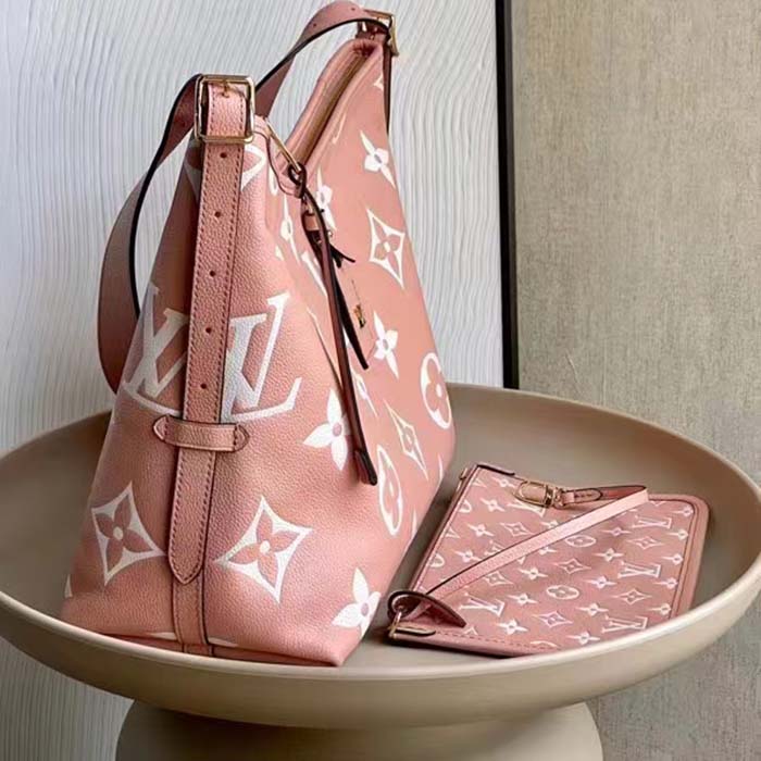 Louis Vuitton Women LV CarryAll PM Handbag Pink Embossed Supple Grained Cowhide