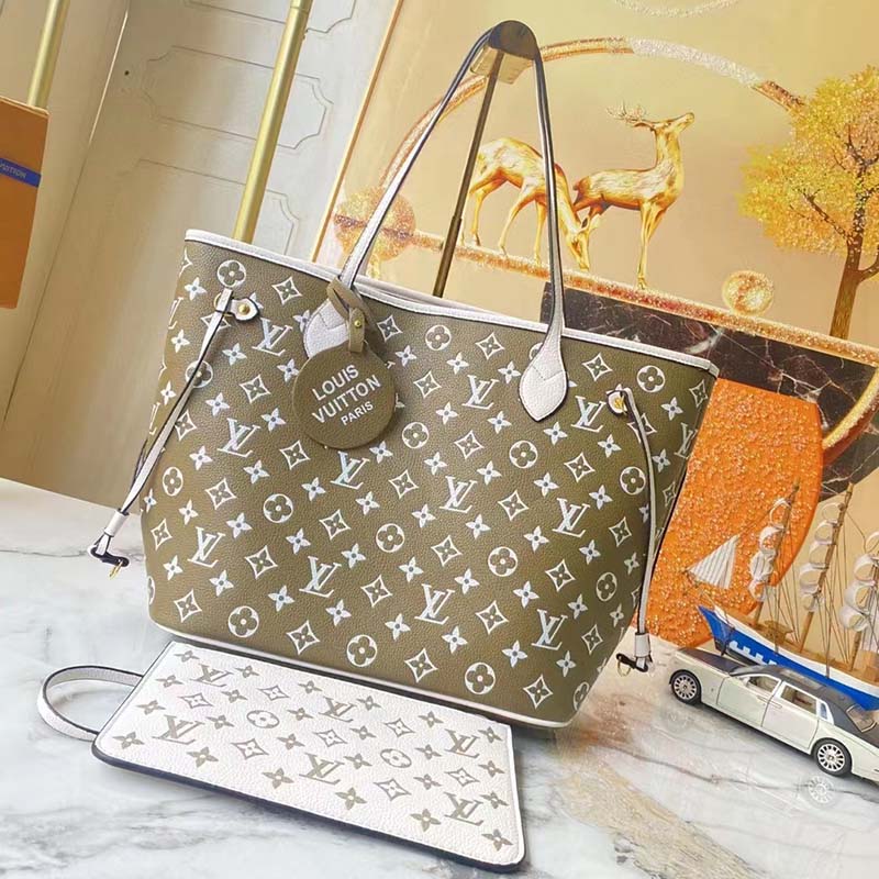 Louis Vuitton Women LV Neverfull MM Carryall Tote Bag Printed Embossed Grained Cowhide