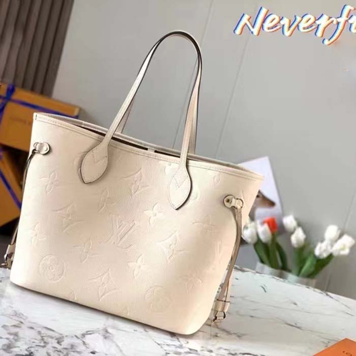 Louis Vuitton Women LV Neverfull MM Carryall Tote Crème Beige Embossed Grained Cowhide