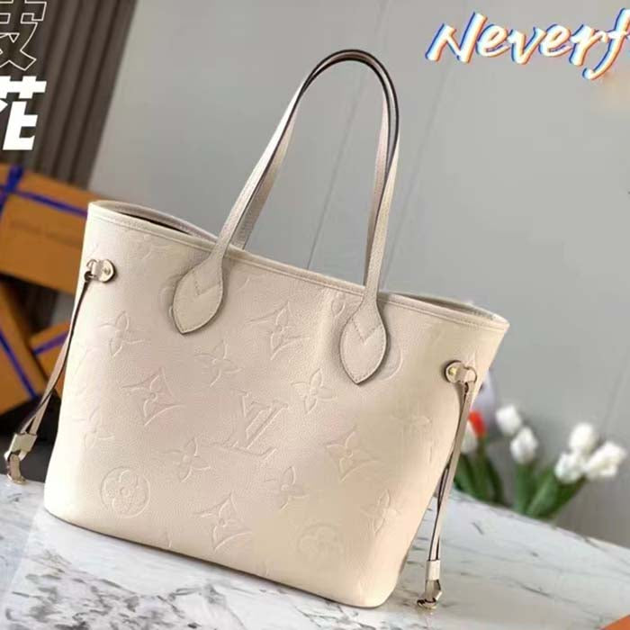 Louis Vuitton Women LV Neverfull MM Carryall Tote Crème Beige Embossed Grained Cowhide