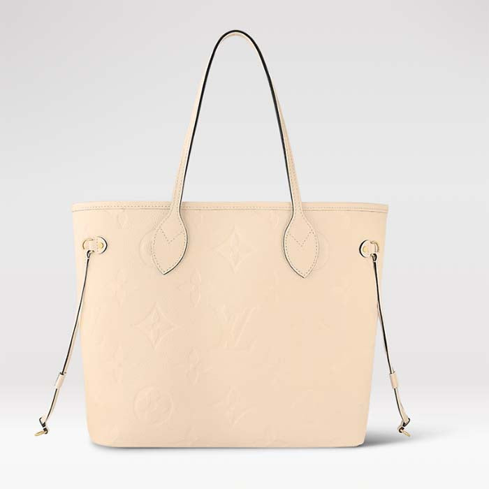 Louis Vuitton Women LV Neverfull MM Carryall Tote Crème Beige Embossed Grained Cowhide