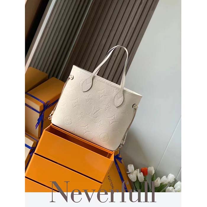 Louis Vuitton Women LV Neverfull MM Carryall Tote Crème Beige Embossed Grained Cowhide