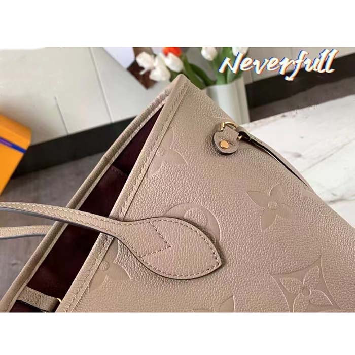 Louis Vuitton Women LV Neverfull MM Carryall Tote Tourterelle Gray Embossed Grained Cowhide