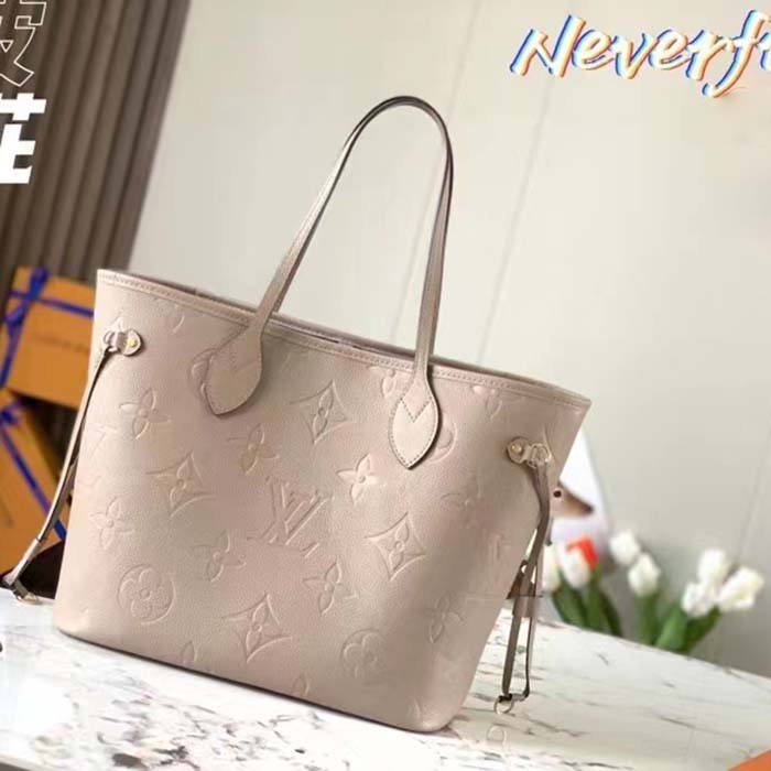 Louis Vuitton Women LV Neverfull MM Carryall Tote Tourterelle Gray Embossed Grained Cowhide