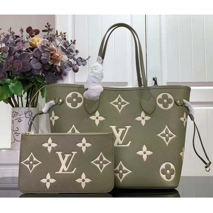 Louis Vuitton Women LV Neverfull MM Light Khaki Cream Monogram Empreinte Embossed Grained Cowhide Leather