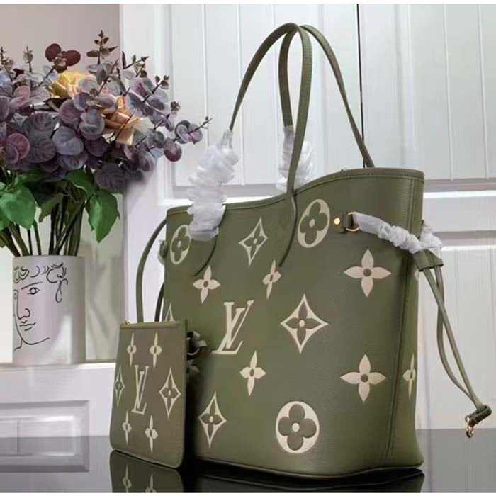 Louis Vuitton Women LV Neverfull MM Light Khaki Cream Monogram Empreinte Embossed Grained Cowhide Leather