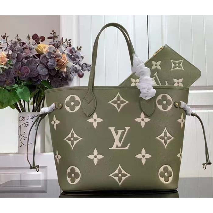 Louis Vuitton Women LV Neverfull MM Light Khaki Cream Monogram Empreinte Embossed Grained Cowhide Leather