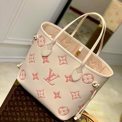 Louis Vuitton Women LV Neverfull MM Tote Pink Embossed Supple Grained Cowhide Leather