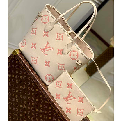 Louis Vuitton Women LV Neverfull MM Tote Pink Embossed Supple Grained Cowhide Leather