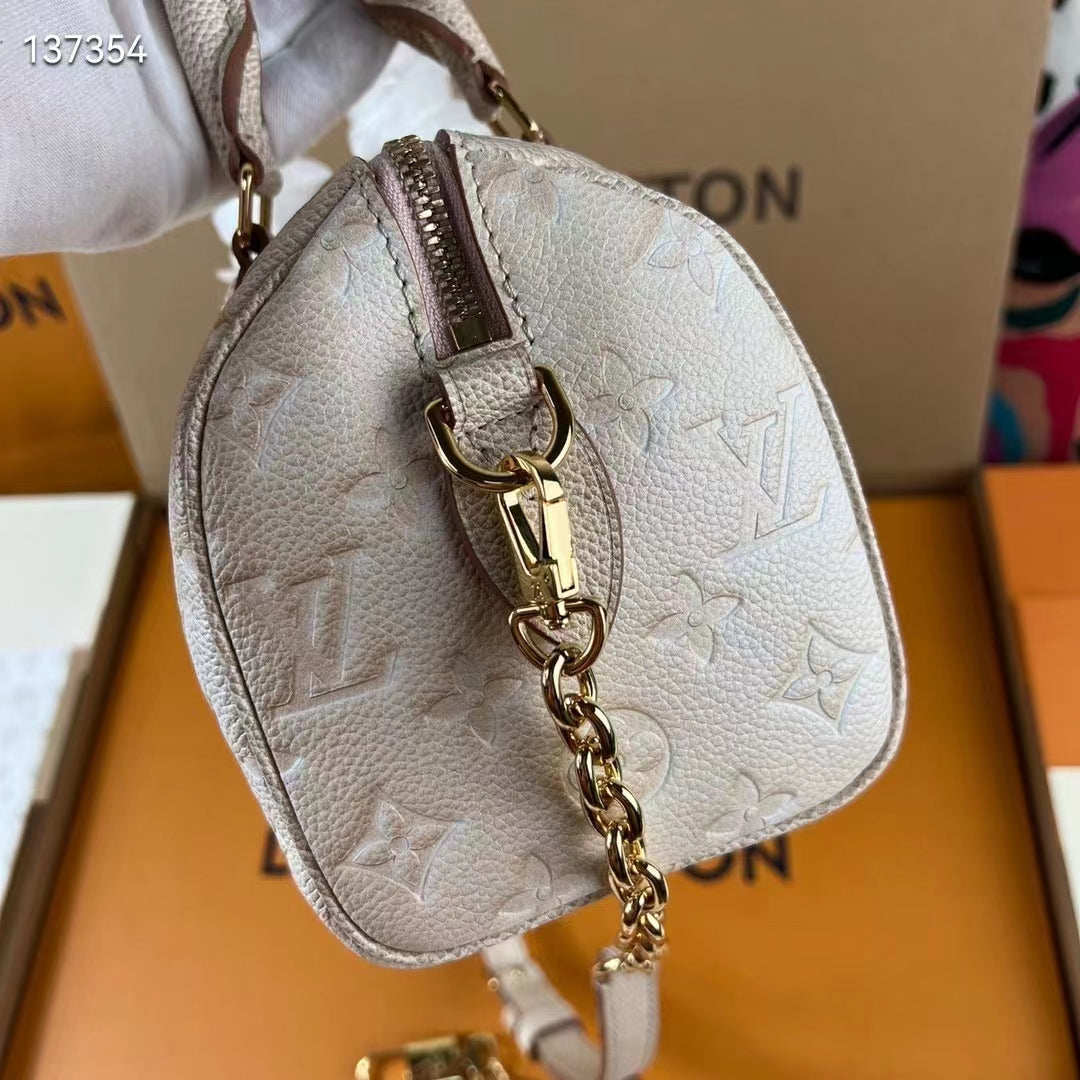 Louis Vuitton Women LV Speedy Bandouliere 20 Bag Beige Embossed Grained Cowhide Leather