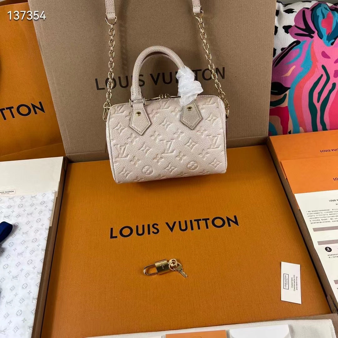 Louis Vuitton Women LV Speedy Bandouliere 20 Bag Beige Embossed Grained Cowhide Leather