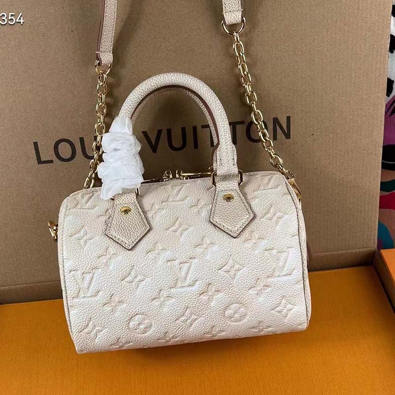 Louis Vuitton Women LV Speedy Bandouliere 20 Bag Beige Embossed Grained Cowhide Leather