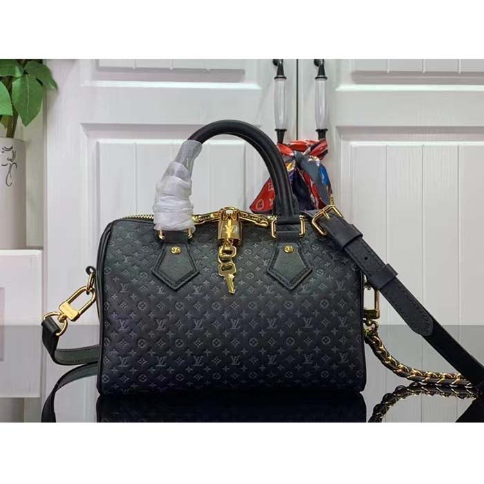 Louis Vuitton Women LV Speedy Bandouliere 20 Handbag Black Calfskin Double Zip