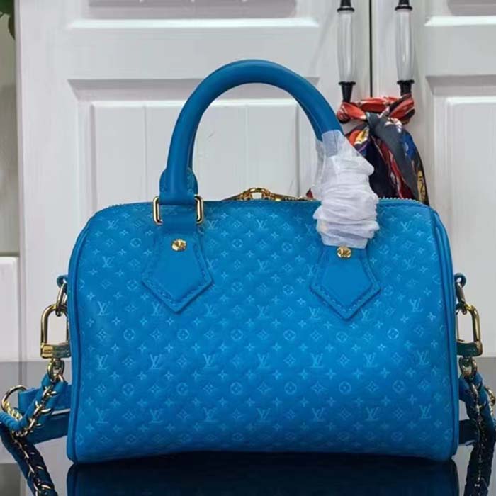 Louis Vuitton Women LV Speedy Bandouliere 20 Handbag Blue Calfskin Double Zip