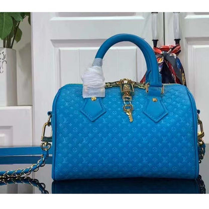 Louis Vuitton Women LV Speedy Bandouliere 20 Handbag Blue Calfskin Double Zip