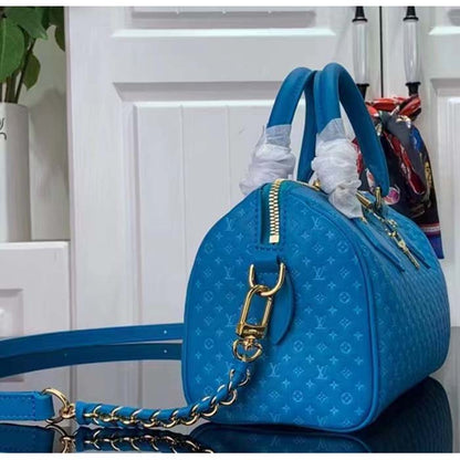 Louis Vuitton Women LV Speedy Bandouliere 20 Handbag Blue Calfskin Double Zip