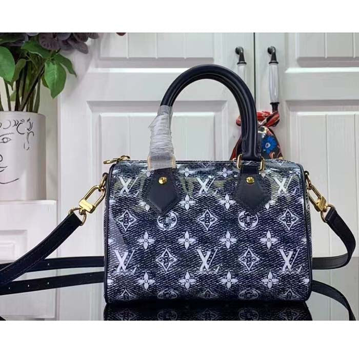 Louis Vuitton Women LV Speedy Bandouliere 20 Handbag Blue Monoglam Coated Canvas