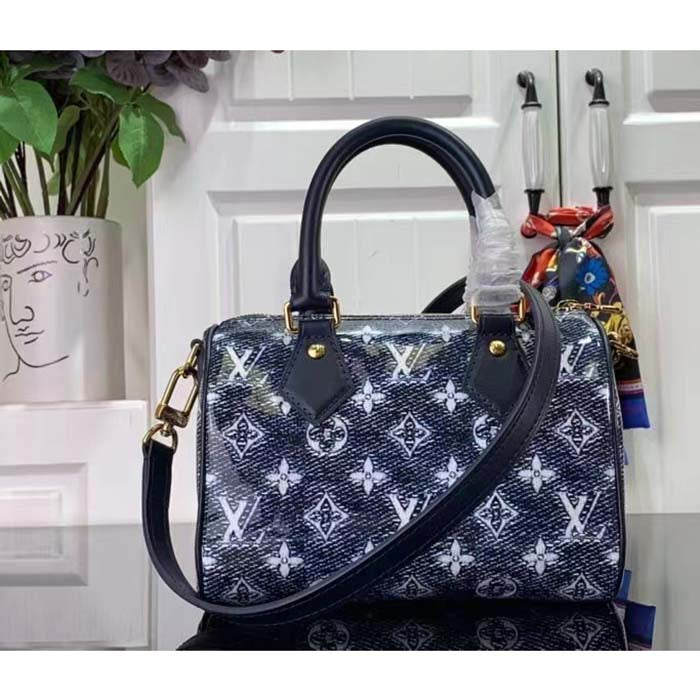 Louis Vuitton Women LV Speedy Bandouliere 20 Handbag Blue Monoglam Coated Canvas