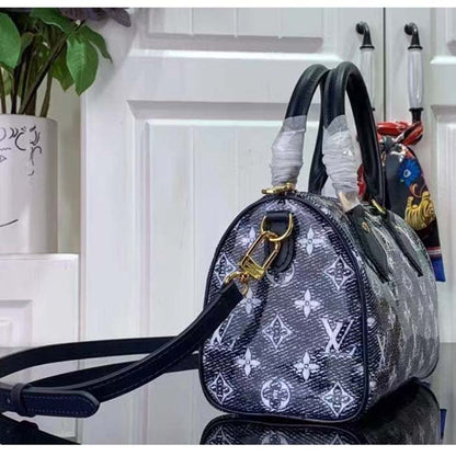 Louis Vuitton Women LV Speedy Bandouliere 20 Handbag Blue Monoglam Coated Canvas