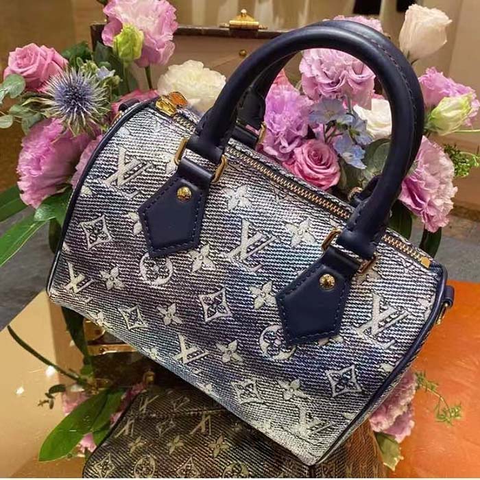 Louis Vuitton Women LV Speedy Bandouliere 20 Handbag Blue Monoglam Coated Canvas