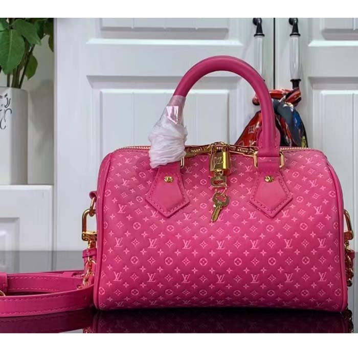 Louis Vuitton Women LV Speedy Bandouliere 20 Handbag Rose Calfskin Double Zip