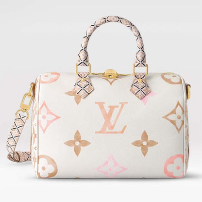 Louis Vuitton Women LV Speedy Bandoulière 25 Beige Monogram Coated Canvas Double Zip Padlock