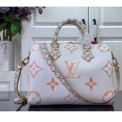 Louis Vuitton Women LV Speedy Bandoulière 25 Beige Monogram Coated Canvas Double Zip Padlock