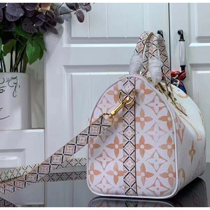 Louis Vuitton Women LV Speedy Bandoulière 25 Beige Monogram Coated Canvas Double Zip Padlock