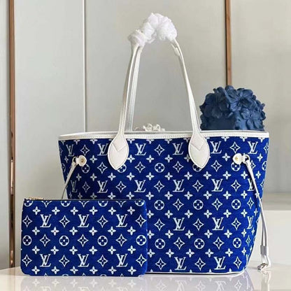 Louis Vuitton Women Neverfull MM Tote Blue Monogram Jacquard Velvet Cowhide Leather