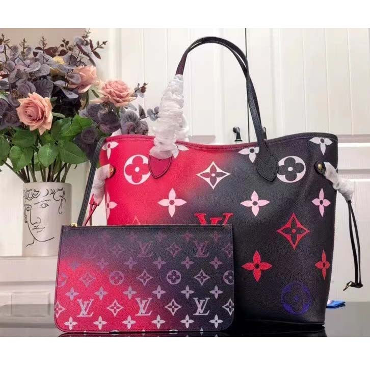 Louis Vuitton Women Neverfull MM Tote Midnight Fuchsia Monogram Coated Canvas