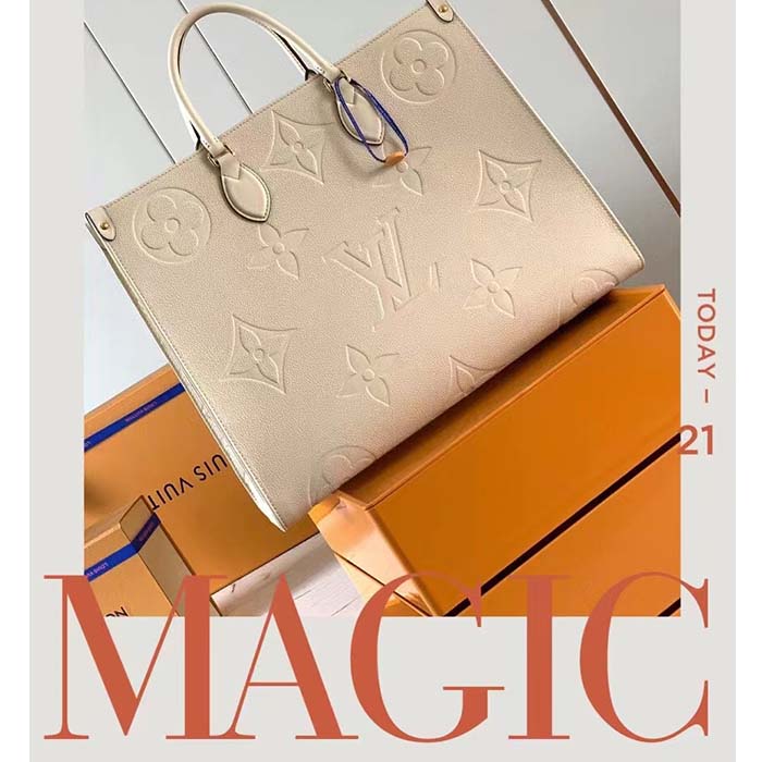 Louis Vuitton Women Onthego MM Tote Bag Crème Beige Embossed Grained Cowhide Leather