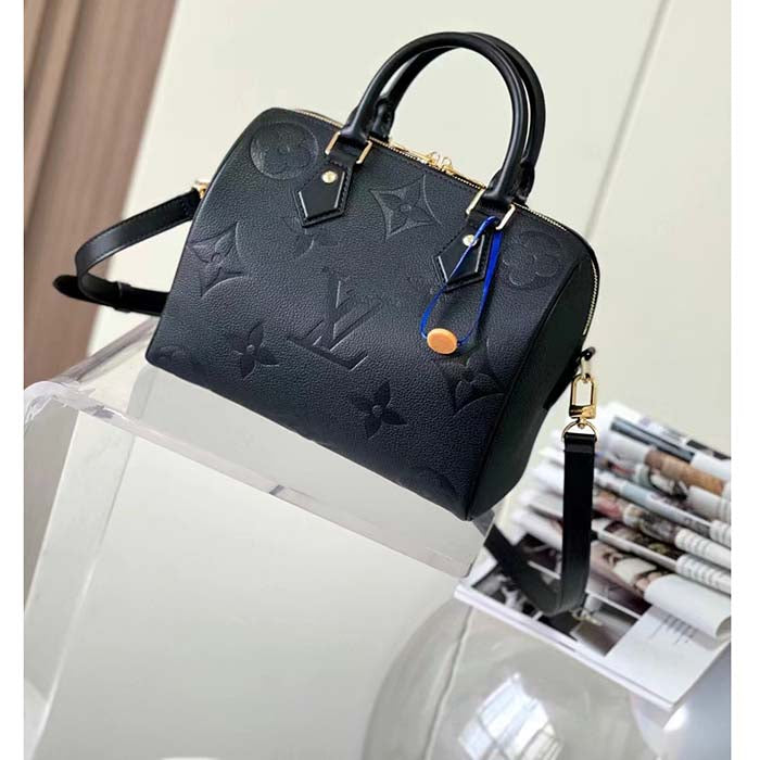 Louis Vuitton Women Speedy Bandoulière 25 Handbag Black Embossed Supple Grained Cowhide Leather